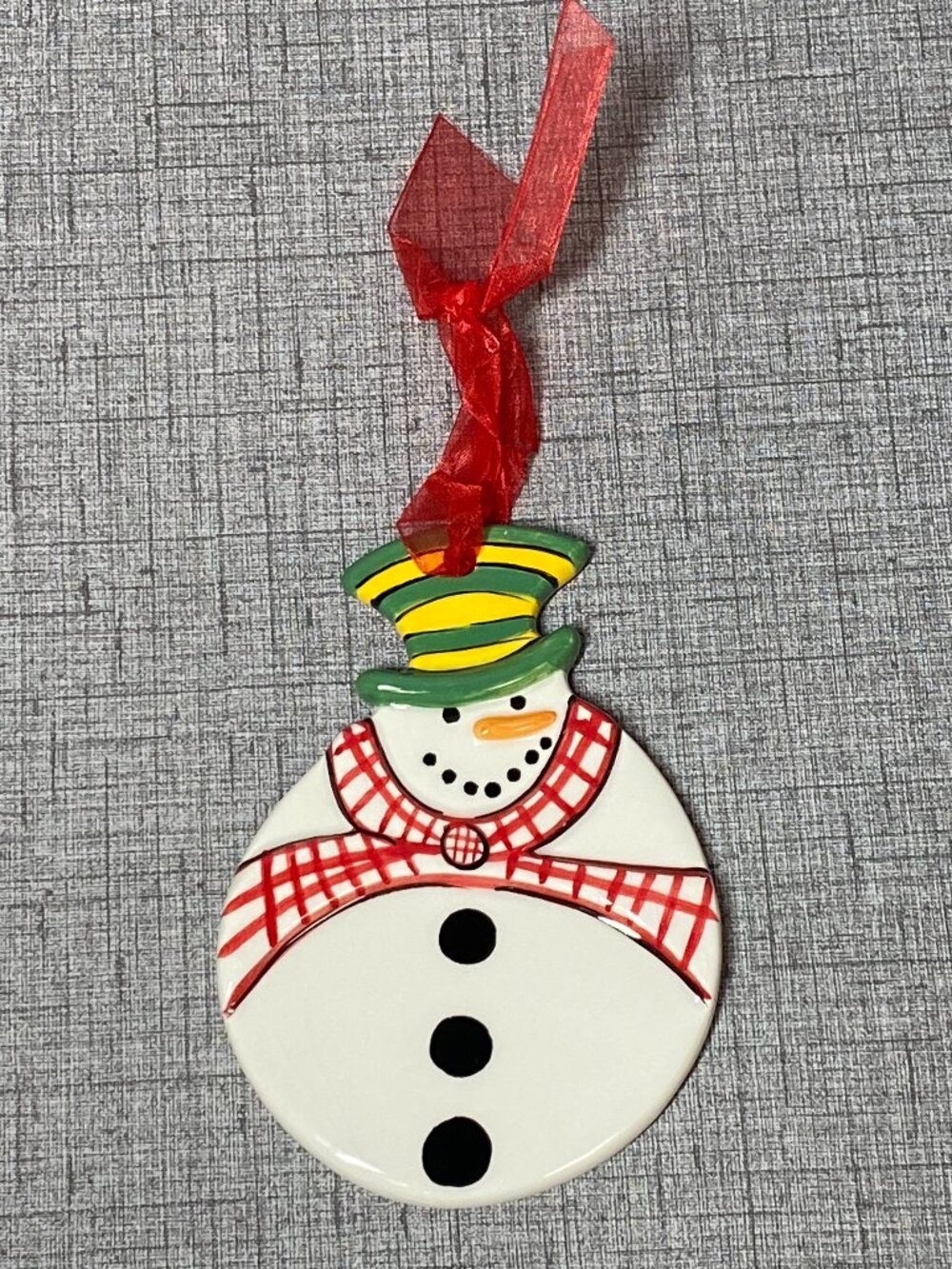 RARE RETIRED BECCA Home ETC Ceramic Snowman Christmas Ornament with Ribbon NOS